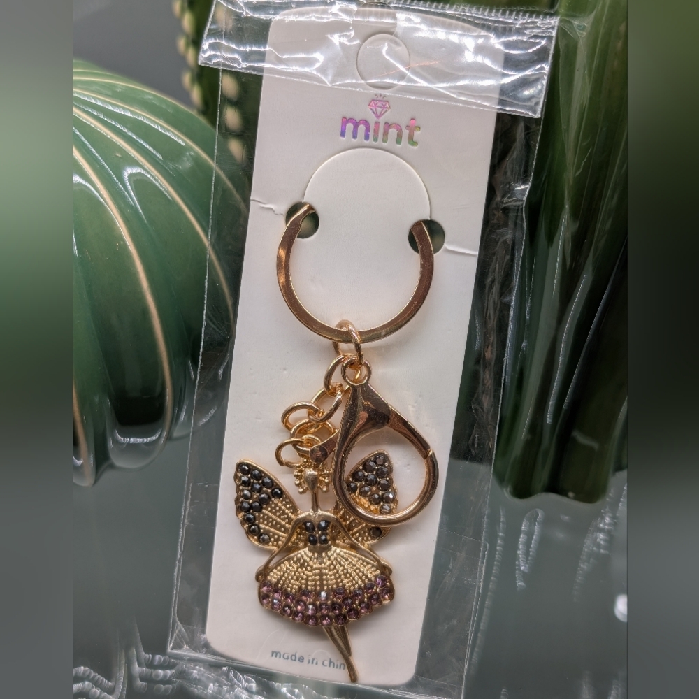 Mint Gold W/ Black And Purple Rhinestones Fairy Or Angel Keychain/Bagcharm